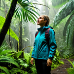 An adventurous adult female traveler, wearing durable, quick-drying hiking attire and a lightweight rain jacket, stands in a lush, vibrant tropical rainforest in Gabon. The atmosphere is mystical and alive, with soft mist swirling gently among towering trees and wet foliage glistening. Droplets of water fall from leaves, and the ground is damp, covered in rich, green moss. Rays of soft, filtered light penetrate the dense canopy. Fully clothed, modest clothing, appropriate attire, safe for work, appropriate content, family-friendly, perfect anatomy, correct proportions, natural pose, well-formed hands, proper finger count, natural body proportions, professional photography, cinematic lighting, high quality, ultra detailed.