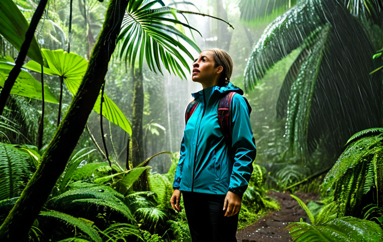An adventurous adult female traveler, wearing durable, quick-drying hiking attire and a lightweight rain jacket, stands in a lush, vibrant tropical rainforest in Gabon. The atmosphere is mystical and alive, with soft mist swirling gently among towering trees and wet foliage glistening. Droplets of water fall from leaves, and the ground is damp, covered in rich, green moss. Rays of soft, filtered light penetrate the dense canopy. Fully clothed, modest clothing, appropriate attire, safe for work, appropriate content, family-friendly, perfect anatomy, correct proportions, natural pose, well-formed hands, proper finger count, natural body proportions, professional photography, cinematic lighting, high quality, ultra detailed.