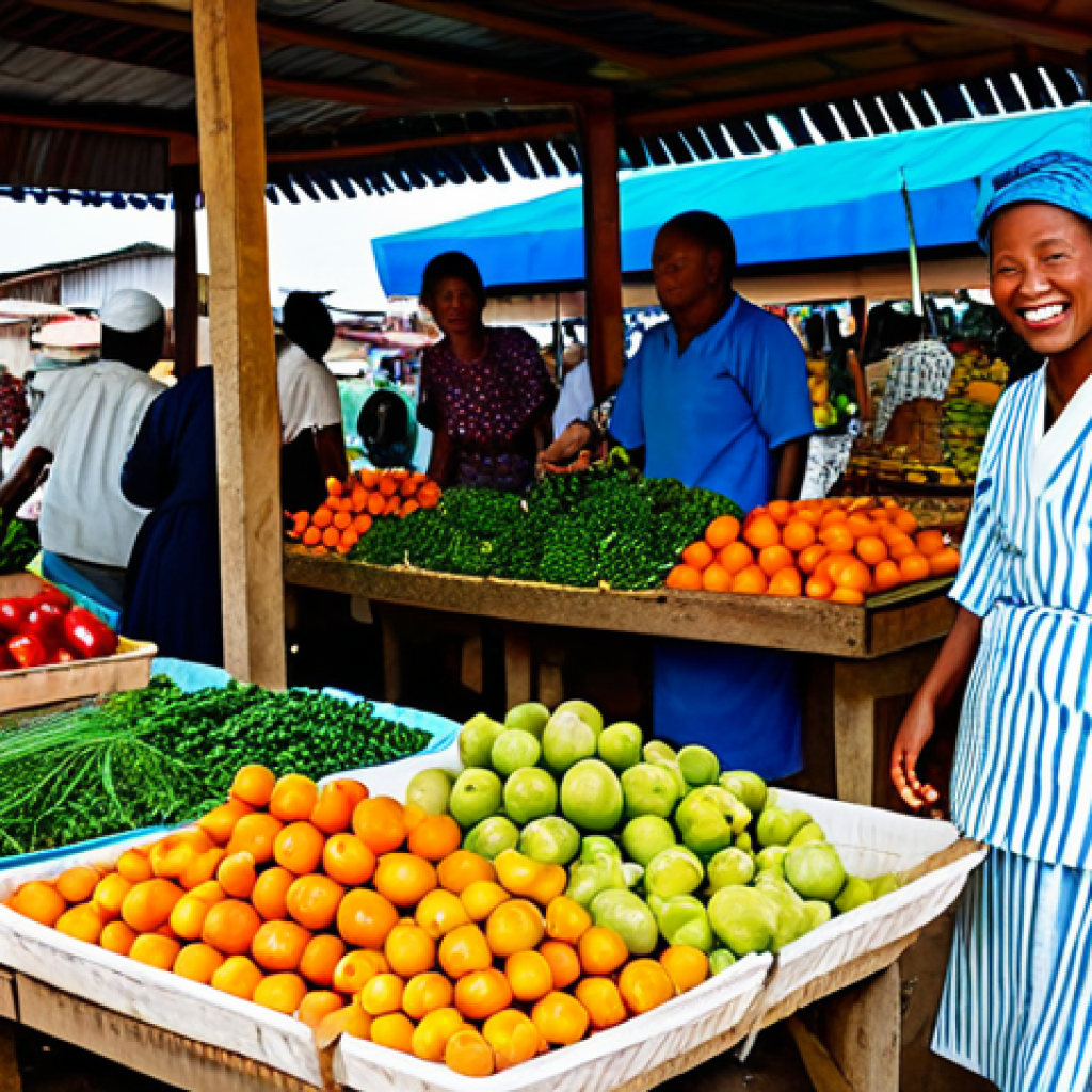 Gabonese Market Scene**

A bustling Gabonese market scene, vibrant colors, vendors selling fruits, vegetables, and crafts. A Japanese woman in modest clothing, fully clothed, is smiling and interacting with a vendor. Safe for work, appropriate content, family-friendly, professional photography, perfect anatomy, natural proportions, bright daylight.
**