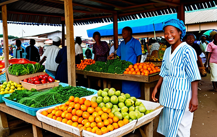 Gabonese Market Scene**

A bustling Gabonese market scene, vibrant colors, vendors selling fruits, vegetables, and crafts. A Japanese woman in modest clothing, fully clothed, is smiling and interacting with a vendor. Safe for work, appropriate content, family-friendly, professional photography, perfect anatomy, natural proportions, bright daylight.
**
