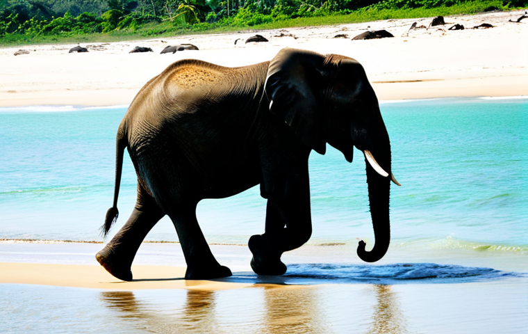 가봉의 주요 관광 명소 - "Elephants on the Pristine Gabonese Coast"**
    A breathtaking wide shot of Loango National Park's ...