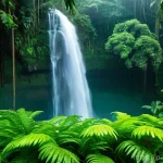 가봉의 우기와 건기 - **Prompt:** A breathtaking, vibrant tropical rainforest scene in Gabon, captured just after a heavy ...