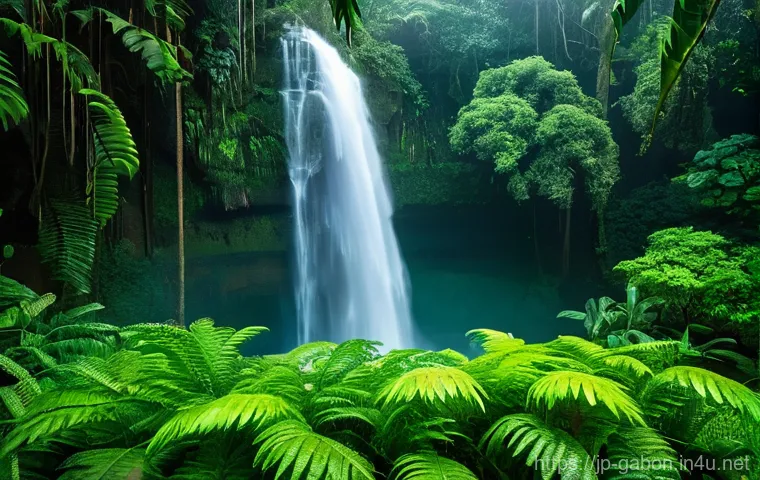 가봉의 우기와 건기 - **Prompt:** A breathtaking, vibrant tropical rainforest scene in Gabon, captured just after a heavy ...