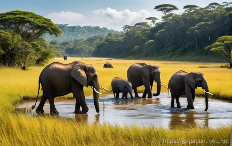가봉의 우기와 건기 - **Prompt:** A breathtaking, vibrant tropical rainforest scene in Gabon, captured just after a heavy ...