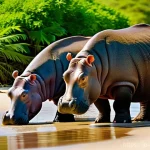 가봉 국립공원에서 만나는 야생동물 - A family of hippos, including a mother, father, and a baby hippo, walking peacefully along a pristin...