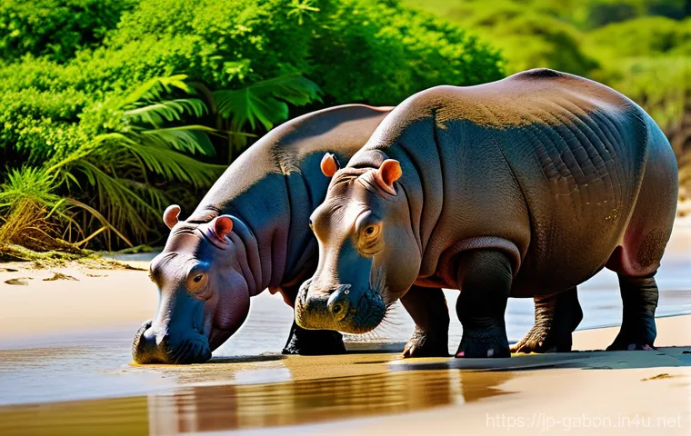가봉 국립공원에서 만나는 야생동물 - A family of hippos, including a mother, father, and a baby hippo, walking peacefully along a pristin...