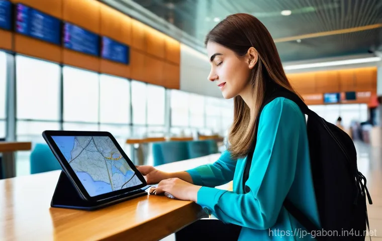 가봉 항공권 가격 비교 - **Prompt:** A young, adventurous woman in her late 20s, wearing stylish and comfortable travel attir...