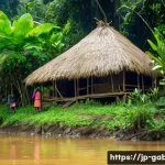 가봉 부족 사회와 전통 생활 - A vibrant scene of a Gabonese tribal village deep in the lush forest near a flowing river, showing m...