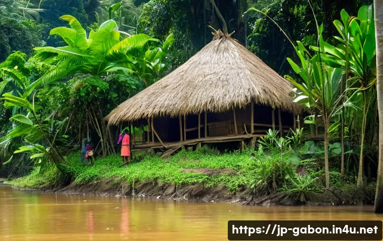 가봉 부족 사회와 전통 생활 - A vibrant scene of a Gabonese tribal village deep in the lush forest near a flowing river, showing m...