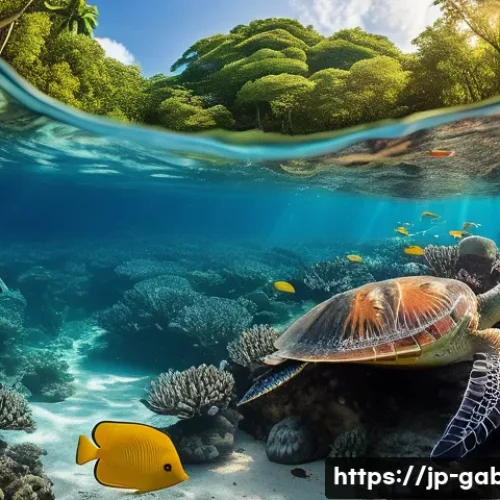 가봉 해양 생태계 보전 노력 - A vibrant underwater scene showcasing Gabon's colorful coral reefs and lush mangrove forests teeming...