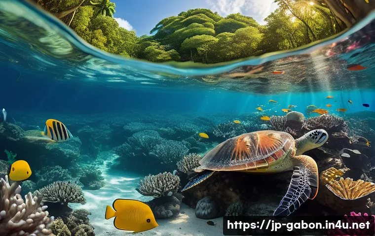 가봉 해양 생태계 보전 노력 - A vibrant underwater scene showcasing Gabon's colorful coral reefs and lush mangrove forests teeming...