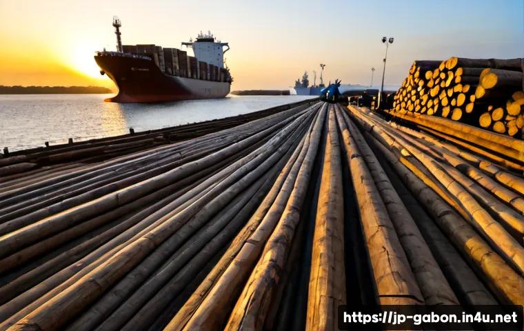 가봉 목재 수출 시장 - Photorealistic wide-angle view of a Gabon timber export yard at sunrise, neatly stacked tropical har...